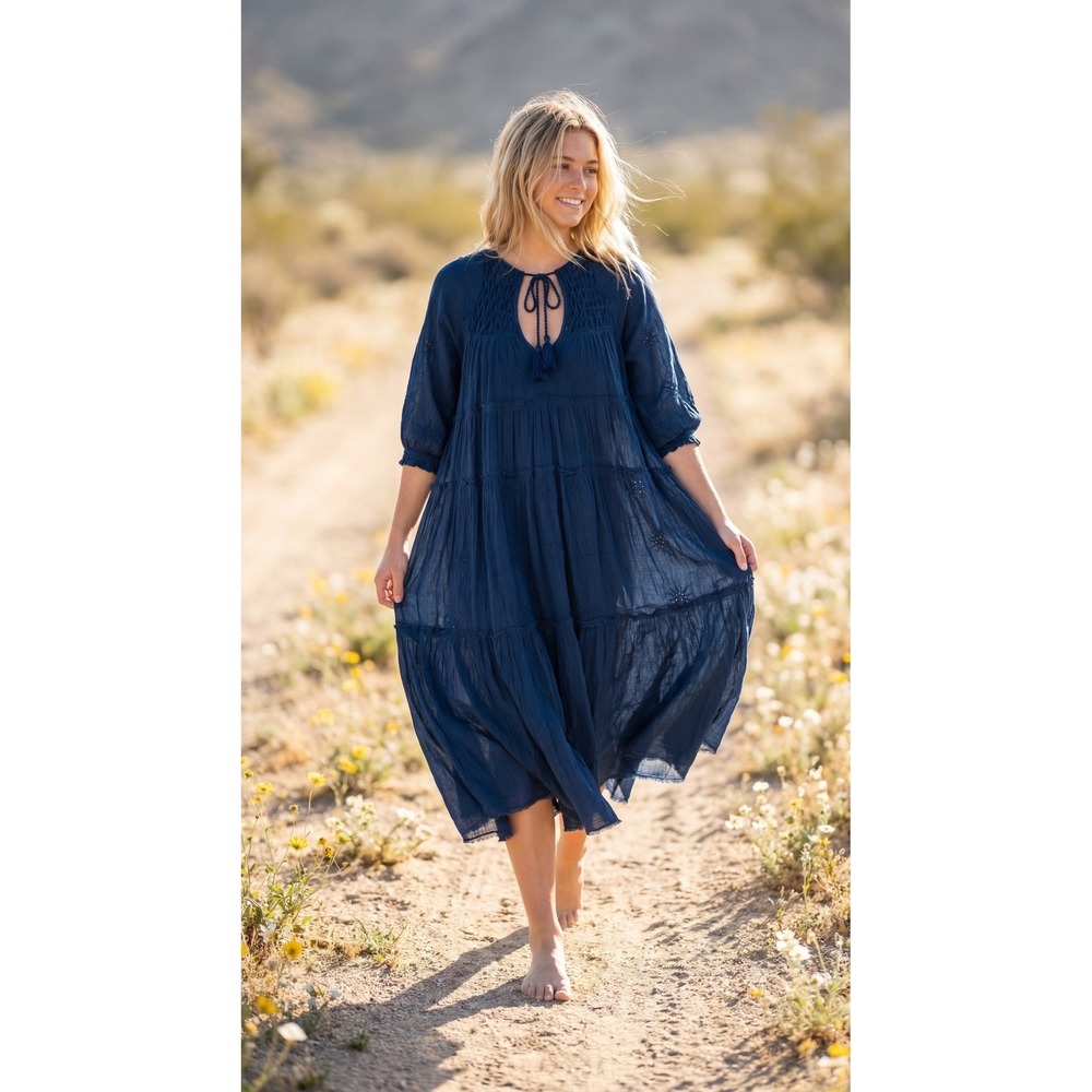 Free People Celestial Skies Blue XS Cotton Eyelet Tiered Midi Dress Cottagecore